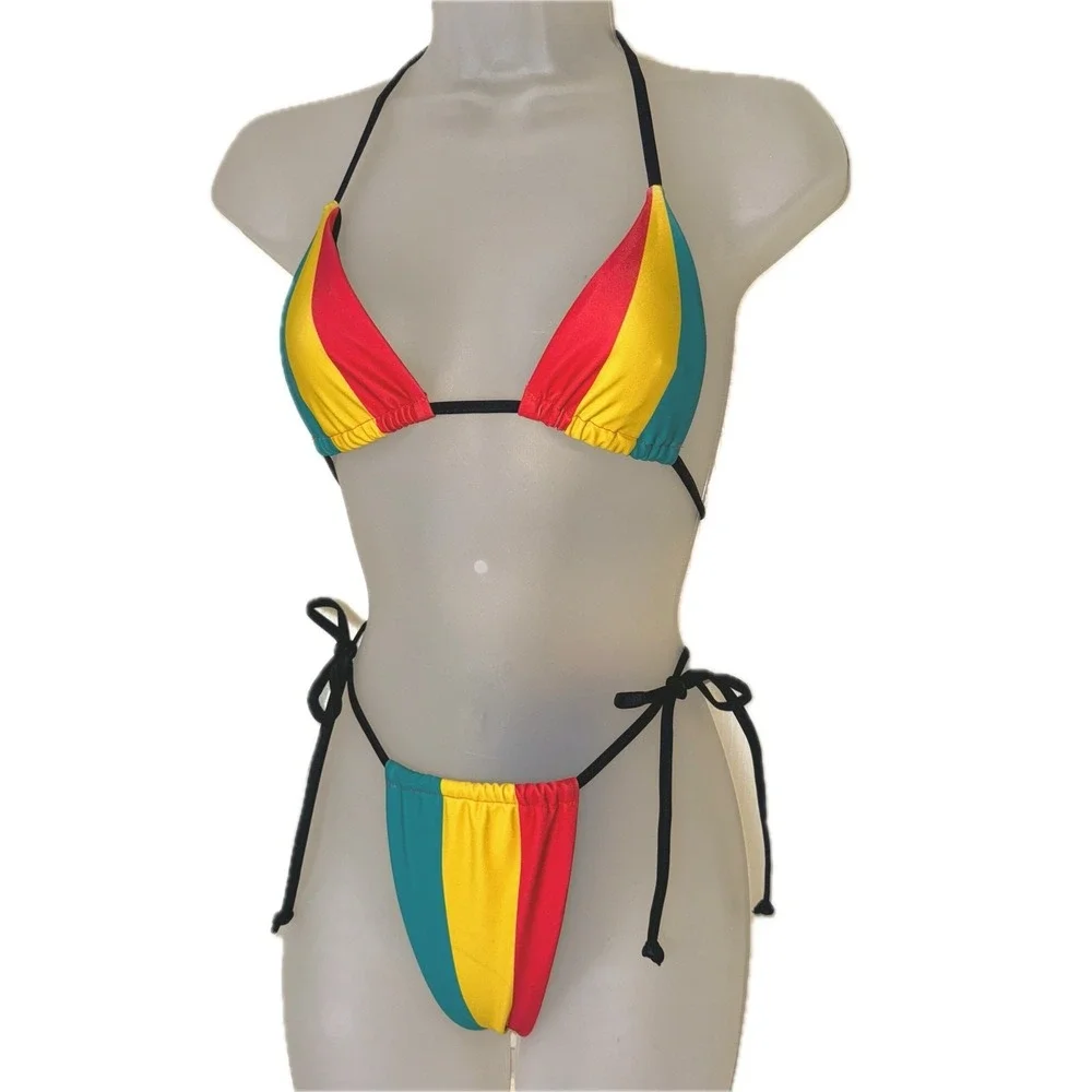 New Large Rasta Jamaica Striped Adjustable Ruched Bikini Swimsuit African Reggae